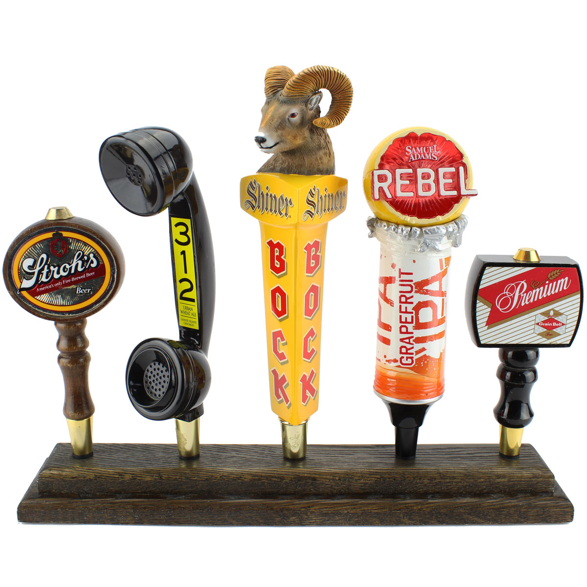 WALNUT BEER TAP HANDLE DISPLAY HOLDS 5 WALL MOUNTED 