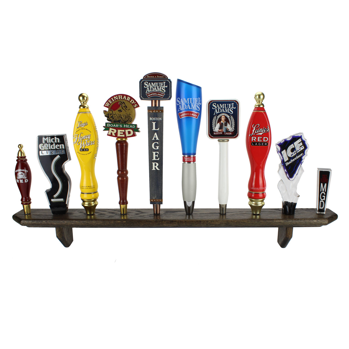 WALNUT FINISH BEER TAP HANDLE DISPLAY WALL MOUNTED HOLDS 10 ALMOST 3' LONG 