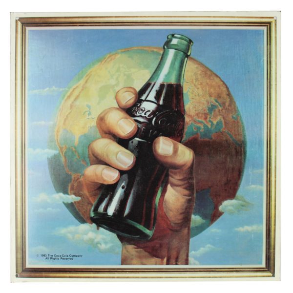 Vintage Metal Sign - Coca-Cola Hand Holding Bottle w/World